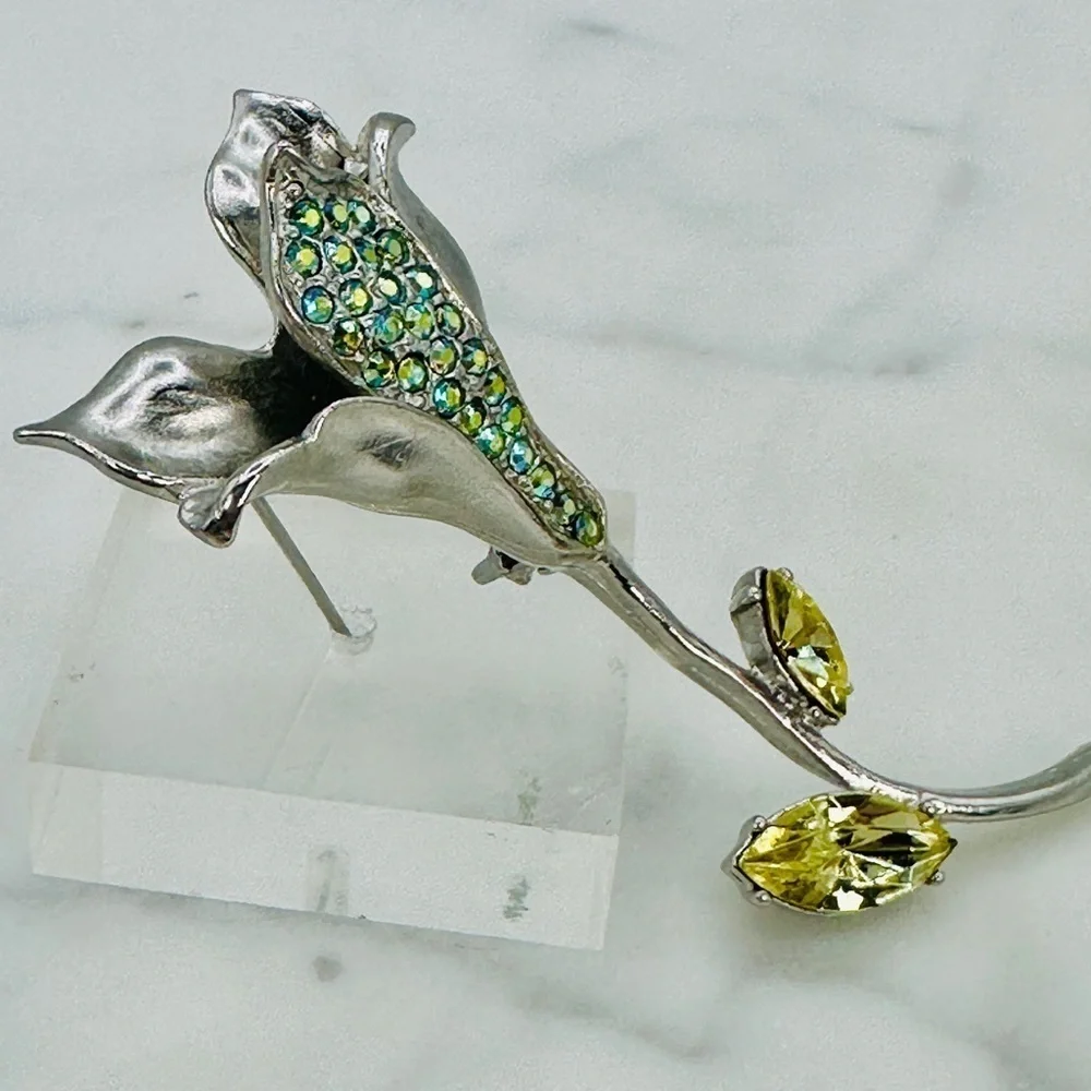 Vintage Cala Lilly Brooch Pin Blue Green AB Rhinestone Petals Yellow Gem Leaves